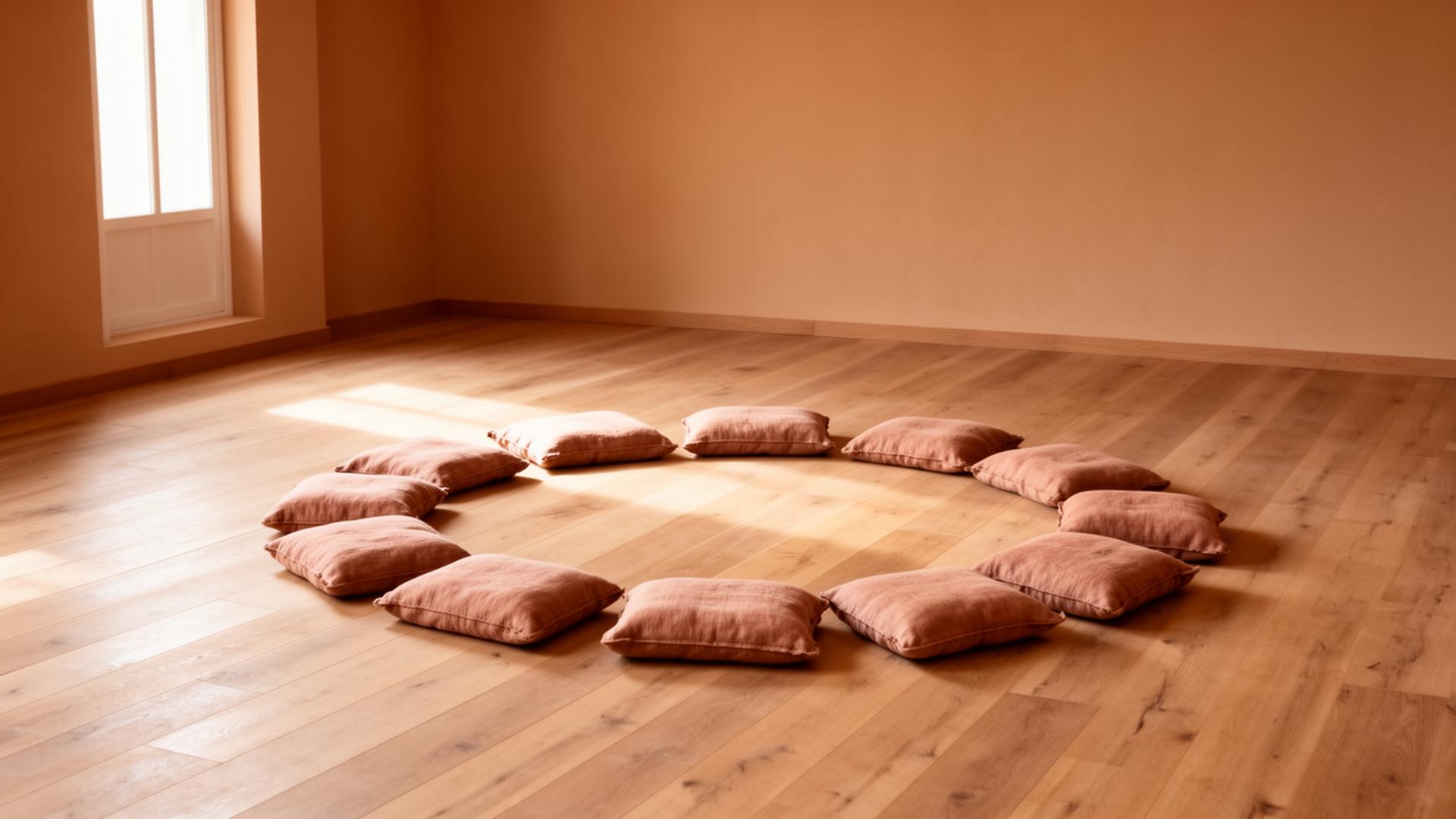 A warm minimal room with wood floors and a circle of cushions, ready for a group experience in embodied wellness